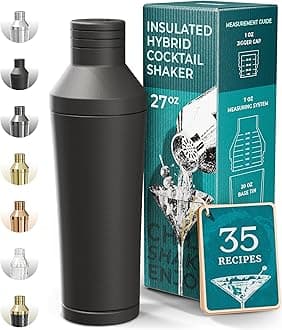 Insulated Cocktail Shaker Set | Double Wall Stainless Steel | Martini Shaker for Home Bar Bartending | Built-in Drink Measure System & Strainer, Travel Bag, Recipes | Gift Set (Matt Black)