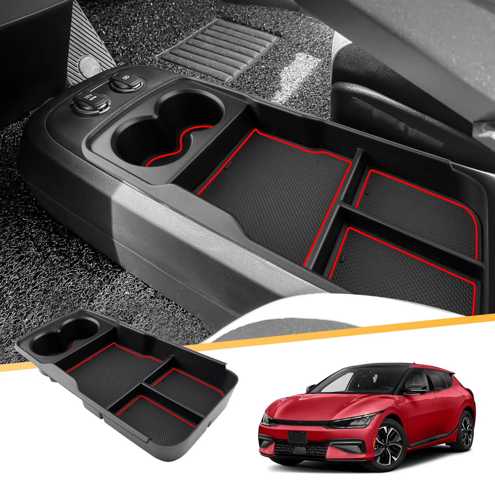 LFOTPPCompatible with Kia EV6 Centre Console Storage Box, Kia EV6 2021+ Accessories Armrest Organiser Tray Bottom Centre Console (Red)