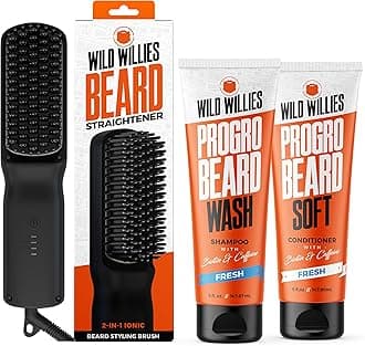 Wild Willies Beard Grooming Kit - Beard Straightener for Men, PROGRO - Fortified with Biotin & Caffeine for Hair Growth, Wash, Hydration - Ionic 2-in-1 Heated Comb Brush, Made in USA