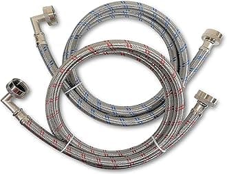 Premium Stainless Steel Washing Machine Hoses with 90 Degree Elbow, 6 Ft Burst Proof (2 Pack) Red and Blue Striped Water Connection Inlet Supply Lines