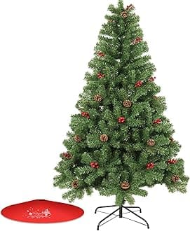 Christmas Tree 7FT/8FT Artificial Tree with Pine Cone and Red Fruit, Foldable Metal Stand for Holiday Christmas Decoration (Green+Red, 8FT)
