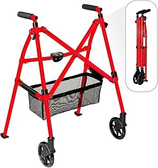 Stander Wonder Walker Plus, Lightweight Folding Mobility Aid for Adults, Seniors, and Elderly, Collapsible Travel EZ Fold-N-Go with Wheels, Glides, & Basket, Sport Red
