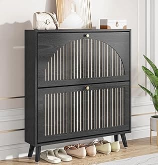 Shoe Storage Cabinet for Entryway with 2 Flip Drawers, Narrow Wood Shoe Cabinet with Fluted Panel, Freestanding Hidden Shoe Organizer for Foyer, Hallway (Black - No Shelf)