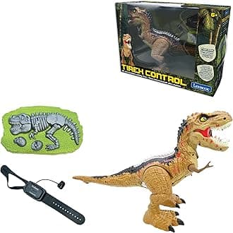 LEXIBOOK - RC Tyrannosaurus Control, Realistic dinosaur, Articulated movements, Roars, Smoke spitting, Light effects, Rechargeable, Fossil and hand-held remote controls included, DINO02