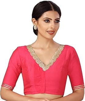 STUDIO ShringaarWomen's Readymade Silky Saree Blouse with Embroidered Neckline