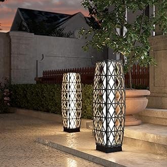 Grand patio 2-Piece Outdoor Solar-Powered Woven Wicker Lantern Floor Lamp Decoration for Deck Garden Lawn Porch - Medium Cindy, Silver GrayGlobal Recycled StandardGlobal Recycled StandardGlobal Recycled Standard