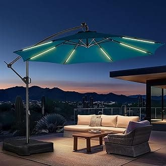 HOMSHADE 10ft Solar Lighted Cantilever Patio Umbrellas w/ 138lbs Base & 8X Brigter Light Strips, LED Offset Hanging Outdoor Umbrella w/ UPF50+, 3-Year Fade Resistance for Pool,Garden,Deck (Dark Blue)