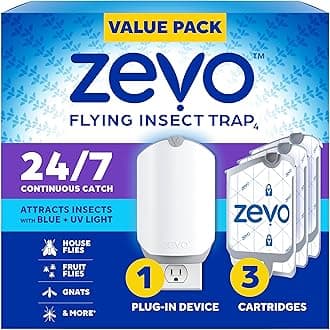 ZevoFlying Insect Trap & 3 Refill Cartridges - Plug in Fly Trap & Indoor Bug Catcher for Gnats, House & Fruit Flies - Blue & UV Light Technology, Mess-Free Alternative to Bug Zapper
