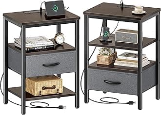 SUPERJARENightstand Set of 2, Bed Side Tables with Charging Station, Adjustable Fabric Drawer, Night Stand for Bedroom, 3-Tier Storage End Tables, Walnut