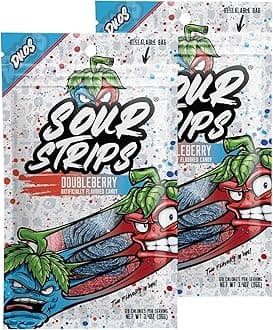 SOUR STRIPS Sour Strips Flavored Sour Candy Strips, Deliciously Sour Chewy Candy Belts, Vegetarian Candies, 2 Pack (Doubleberry (2 Pack))