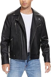 FahsyeeLeather Jackets for Men, Faux Bomber Jacket Mens Motorcycle Lapel Asymmetric Zip-Up Belt Slim Fit Biker Coat