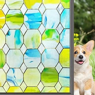 3D Stained Glass Window Film Etched Glass Door Film Hexagonal Mirror Design Decorative Window Privacy Cling Tints No Glue Anti UV for Home and Office,23.6x35.4 inches