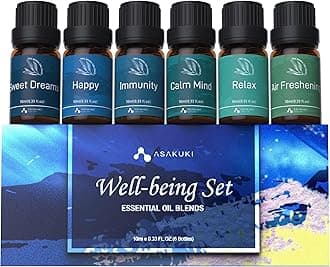 ASAKUKI Essential Oils, Essential Oil for Diffusers for Home, Well-Being Kit Gifts for Mom- Calm Mind, Sweet Dreams, Happy, Relax, Air Freshening, Immunity for Aromatherapy, Humidifiers, 6x10ml