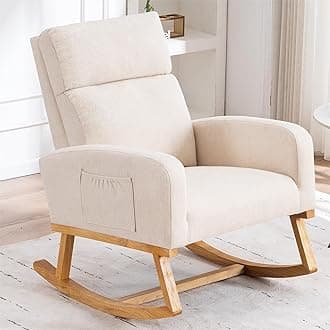 Nursery Rocking Chair, Comfy Rocker Armchair for Nursery with Solid Wood Legs, Modern Nursing Glider Rocking Chair Living Room, Bedroom, Beige