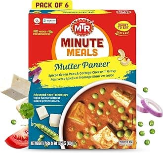 MTR - Minute Meals: Mutter Paneer - Spiced Green Peas & Cottage Cheese in Gravy - Tasty Indian Meal with No Added Preservatives - A Quick Meal Suitable for Vegetarians, Ready in Minutes! (Pack of 6)