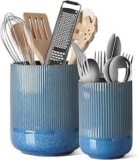 LE TAUCI Utensil Holder, 18.5+14cm Ceramic Kitchen Utensils Holder, Large Cooking Utensil Pots for Kitchen Counter, Morden Utensil Organizer for Spatula, Set of 2, Reactive Glaze Blue
