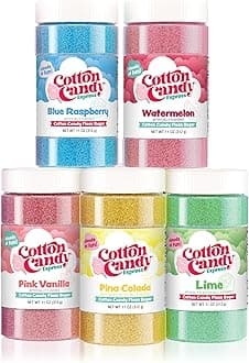 Cotton Candy Express Floss Sugar Variety Pack 5 - 11oz Plastic Jars of Lime, Watermelon, Pina Colada, Blue Raspberry, Pink Vanilla Flossing Sugars. Use with Cotton Candy Express countertop machine
