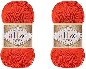 AlizeDiva Yarn Hand Knitting Yarn 100% Microfiber Acrylic Yarn Alize Diva Silk Effect Thread Crochet Art Lace Craft Lot of 2 skeins 200gr 767 yds (37-Orange)