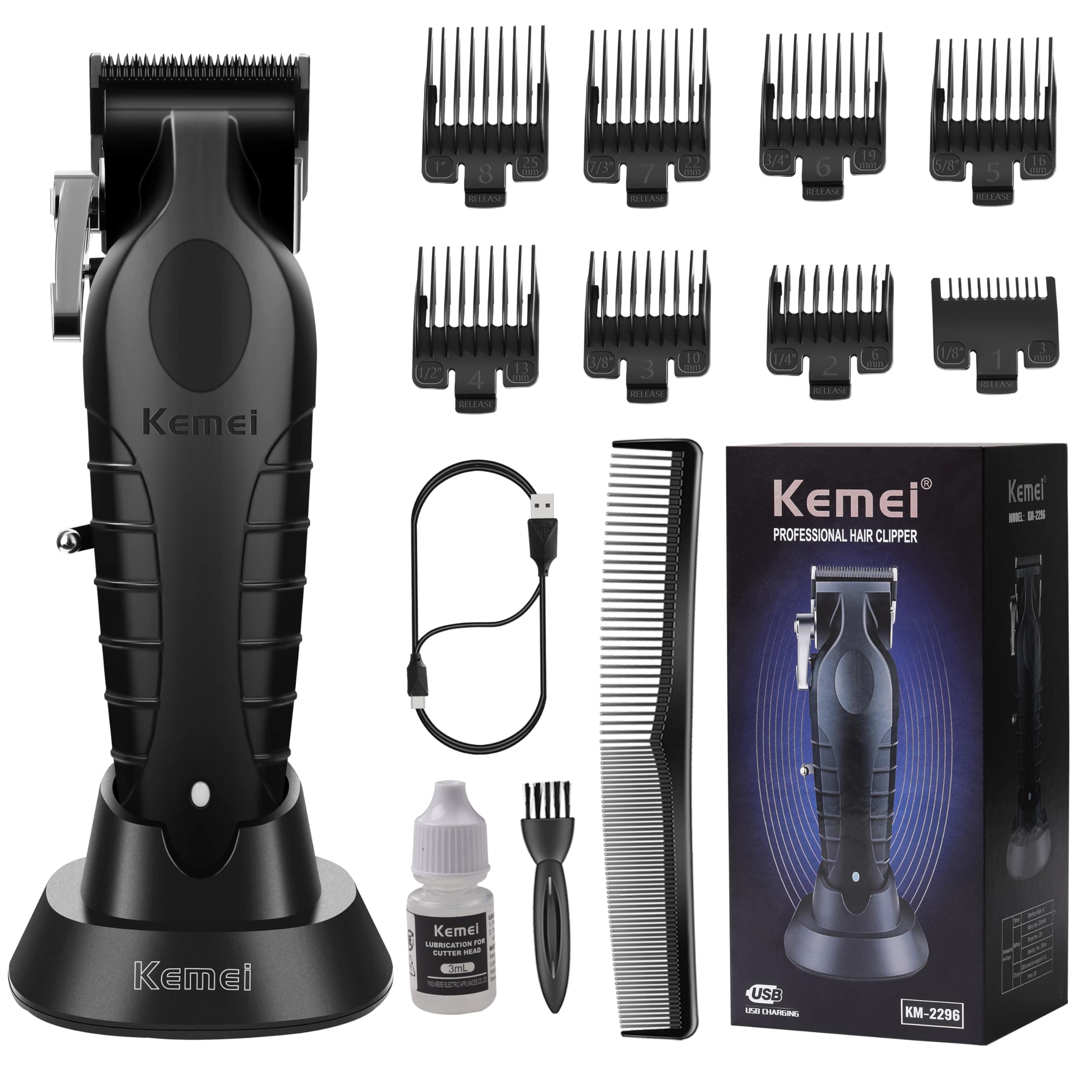 KEMEI 2296 Professional Hair Clippers for Men Cord/Cordless Hair Cutting Kits, Hair & Beard Trimmer, T Blade Barber Clipper with USB Rechargeable, Black