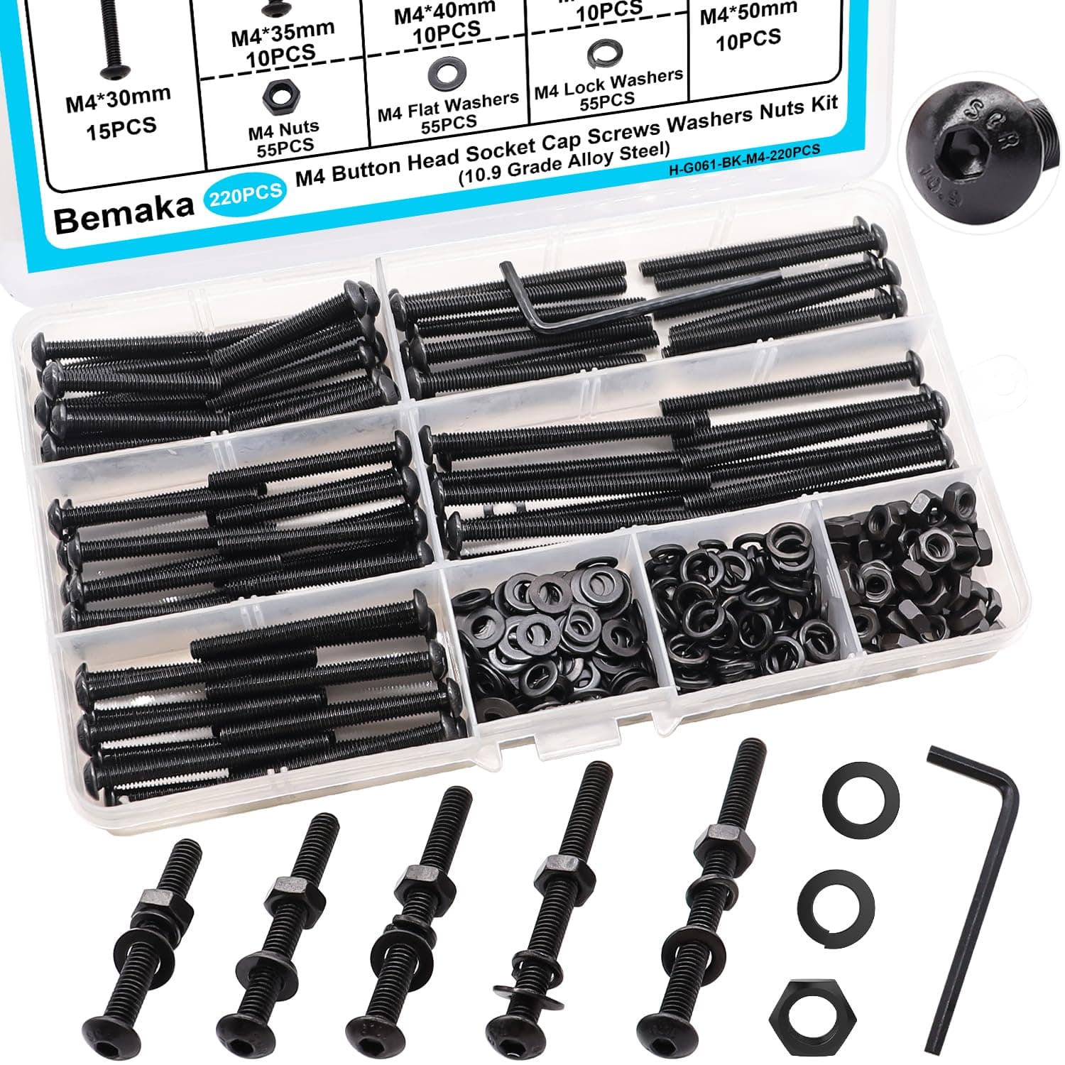220PCS Black M4 Button Head Hex Socket Cap Screws, M4 x 30/35/40/45/50mm Metric Screws Bolts Nuts Washers Assortment Kit, 10.9 Grade Alloy Steel