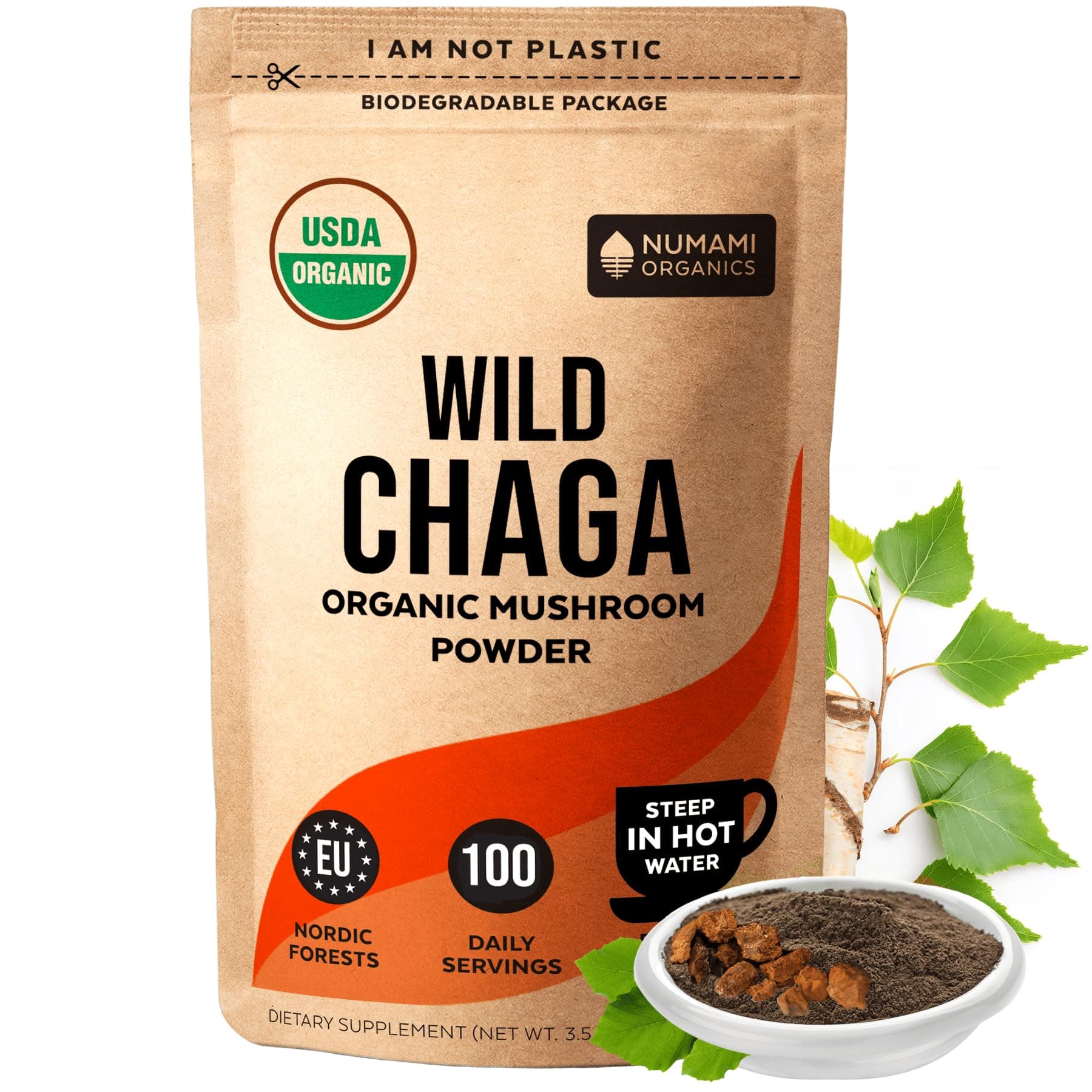 Organic Chaga Mushrooms Powder - Fine Powder to Make Chaga Tea for Immune Defense and More Energy, Organic Chaga is Wild Grown and Sustainably Harvested in Europe, Certified USDA Organic, 100 servings