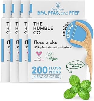 The Humble Co Dental Floss Picks for Teeth, 200 Count (Mint) - Double Thread Tooth Picks Flossers for Adults Gum Health - Toothpick Floss for Interdental Oral Care & Hygiene