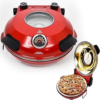 CULINARY CHEF Electric Pizza Oven with Ceramic Stone, Viewing Window, Adjustable Heat Control, Timer and 1200W Baking Power, DIY Homemade Pizzeria, Large 12” Pie Capacity (Red)