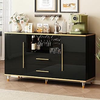Buffet Cabinet, 55" Kitchen Sideboard Cabinet with 2 Drawers and Wine Glass Holder, High Glossy Sideboard Storage w/Adjustable Shelves, Coffee Bar Cabinet for Kitchen, Living Room, Black & Gold
