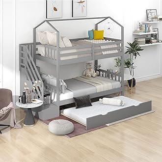 Actual Soild Wood Staircase Bunk Bed with Trundle, Twin Over House Storage Staircase/Roof/Guardrails, Wooden for Kids/Teens, Can Accommodate 3 People (Gray+Wood+Bunk Bed)