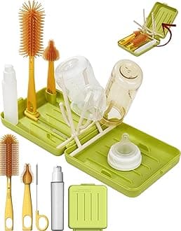Travel Bottle Cleaner kit, 6in1 Baby Toddler Travel Essential Silicone Bottle Brush Set, Baby Bottle Soap Dispense, Drying Rack, Nipple, Straw Breast Pump Cleaning, Storage Case, Gift for Moms (Green)