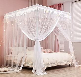 Mengersi Princess 4 Corners Post Bed Curtain Canopy Mosquito Netting (White, Twin)
