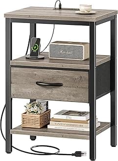 SUPERJARE Nightstand with Charging Station, Bed Side Table with Adjustable Fabric Drawer, Night Stand for Bedroom, 3-Tier Storage End Table, for Living Room, Oak