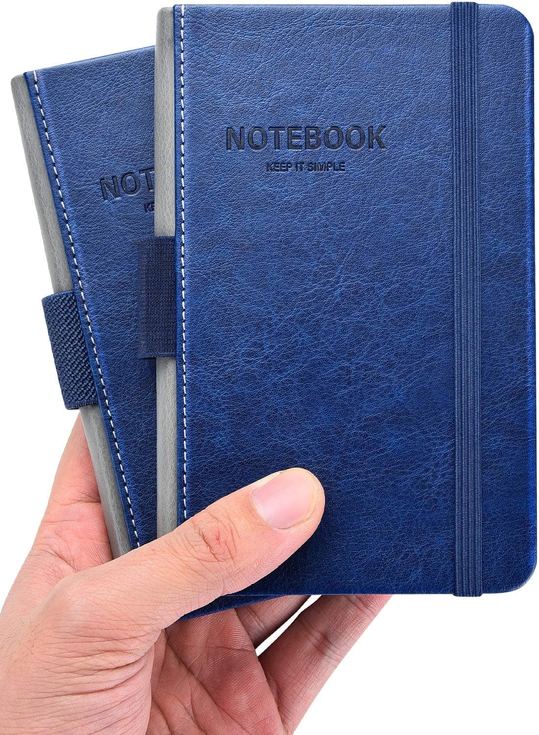 2 Pack Pocket Notebook Small Notebook 3.5"x 5.5", Hardcover Notebook Thick Lined Paper with Inner Pockets, Pen Holder, Marker Ribbons, Cover Letter Embossing Design Mini Journal Notepad Blue Leather