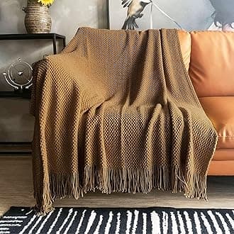 LOMAO Knitted Throw Blanket with Tassels Bubble Textured Soft Blanket Lightweight Warm Throws for Couch Cover Home Decor (Khaki, 50x60)