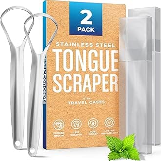 BASIC CONCEPTS Tongue Scraper for Adults (2 Pack), Reduce Bad Breath (Travel Cases Included), Stainless Steel Tongue Cleaners, 100% Metal Tongue Scraper with Case Fresh Breath Tongue Cleaner Oral