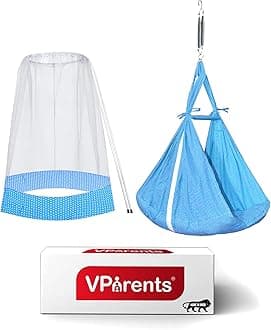 VParents Infant Baby Swing Cradle with Mosquito Net and Spring (Blue)