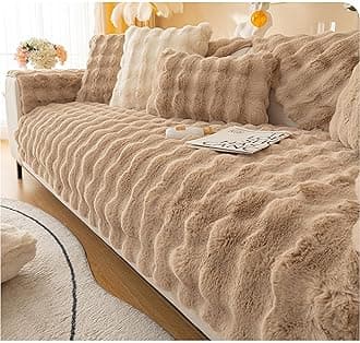 MERRYLIFE Thick Plush Faux Rabbit Fur Sofa Slipcovers 1-Piece Non-Slip Warm Soft Cozy Couch Covers Sofa Cushion Furniture Protector(Coffee, Sofa Cushion 90 * 180cm)