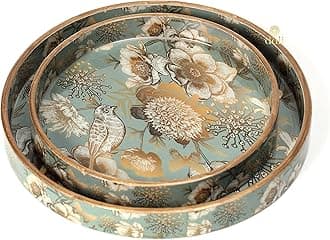 DULI Set of 2 MDF Wood Trays Enamel Coated| Round Trays Set of 2 | Serving Trays | Wooden Tray | Kitchen&Dining Decorative | Resin Tray | Handmade | 7x7 & 9x9 inches (GreyGoldBirds)