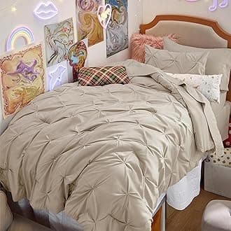 Bedsure Twin XL Comforter Set - Extra Long 5 Pieces Dorm Bedding Sets, GentleSoft™ Pinch Pleat Beige Bed in a Bag with Pintuck Comforter, Sheets, Pillowcase & ShamOEKO-TEX STANDARD 100
