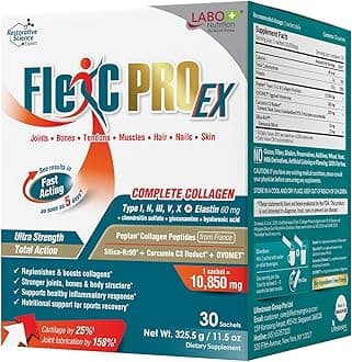 LABO Nutrition FlexC PRO EX, Full Spectrum Collagen, Type I, III, V & X, Peptan Collagen, Eggshell Membrane, Water Soluble Silica & Curcumin C3 Reduct, for Hair, Skin, Nails, Joint, Bones, Muscles