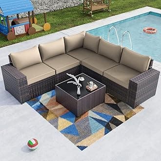 Kullavik 6PCS Outdoor Patio Furniture Set PE Wicker Rattan Sectional Sofa Patio Conversation Sets,Khaki