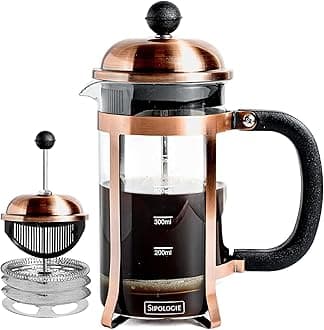 Sipologie Vintage French Press Coffee Maker 600ml, 4-Level Filtration System for Sediment-Free Coffee, Heat-Resistant Durable Borosilicate Glass, Measurement Marking, Copper