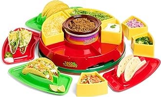 Nostalgia Taco Tuesday Heated Lazy Susan Topping Bar Perfect for Burritos, Nachos, Fajitas, 20-Oz. Warming Pot, Includes 4 Tortilla Holders, Red
