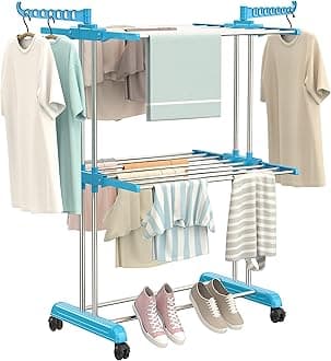 Synergy - Premium Heavy Duty Stainless Steel Clothes Drying Stand | Cloth Dryer Stand | Cloth Stand for Drying Clothes Foldable | Cloth Hanging Stand | Cloth Drying Stand (2 Tier) Blue - SY-CS19-L2