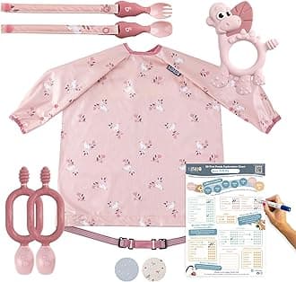 BIBaDO Starter Baby Feeding Set - Includes Feeding Bibs, Weaning Spoons, Baby Cutlery, Teether & Weaning Poster, BPA-Free, Perfect for Weaning and First Foods - Blush