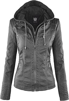 Lock and Love Women's Faux Leather Moto Biker Jacket Coat with Removable or Non-Removable Hood