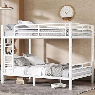Full XL Over Full XL Bunk Bed,Heavy Duty Metal Bunk Bed Frame for Adults,2 Side Ladder,Guardrail,Space-Saving,Noise Reduced,No Box Spring Needed,Black (White, Full XL Over Full XL)