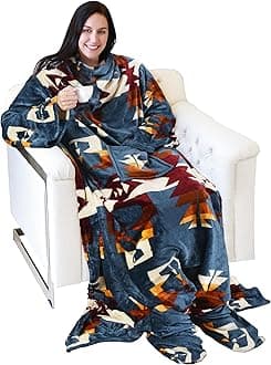 Catalonia Wearable Fleece Blanket with Sleeves and Foot Pockets for Adult Women Men, Micro Plush Comfy Wrap Sleeved Throw Blanket Robe Large, Southwest Blue