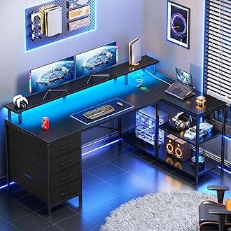 SEDETA L Shaped Desk with 4 Drawers and Storage Shelves, L Shaped Gaming Desk with LED Lights & Power Outlets, Computer Desk with Shelves & Drawer, Corner Desk Home Office Desk, Black