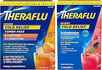 - Theraflu Combo Daytime and Nighttime Severe Cold Relief Honey Lemon Flavor Powder and Daytime Severe Cold Relief Berry Burst Flavor Powder, 6 Daytime + 6 Nighttime, and 6 Berry Burst Powder Packets